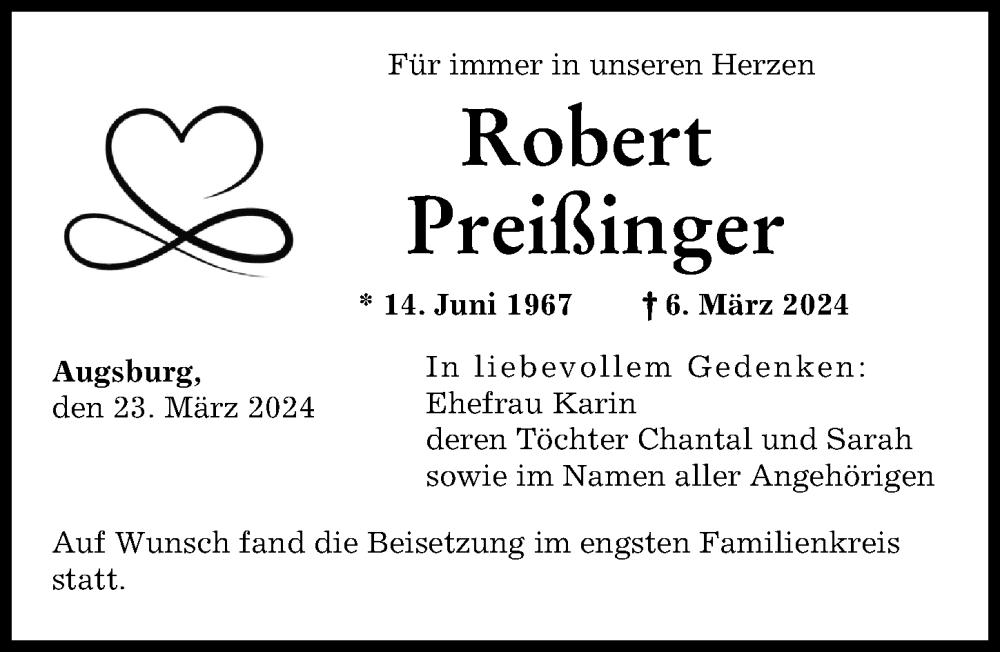  Traueranzeige für Robert Preißinger vom 23.03.2024 aus Augsburger Allgemeine