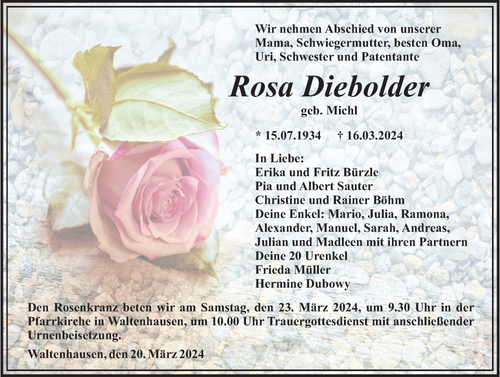 Traueranzeige von Rosa Diebolder von Mittelschwäbische Nachrichten