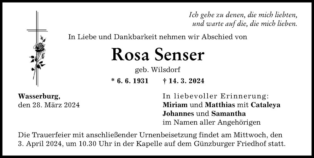 Traueranzeige von Rosa Senser von Günzburger Zeitung
