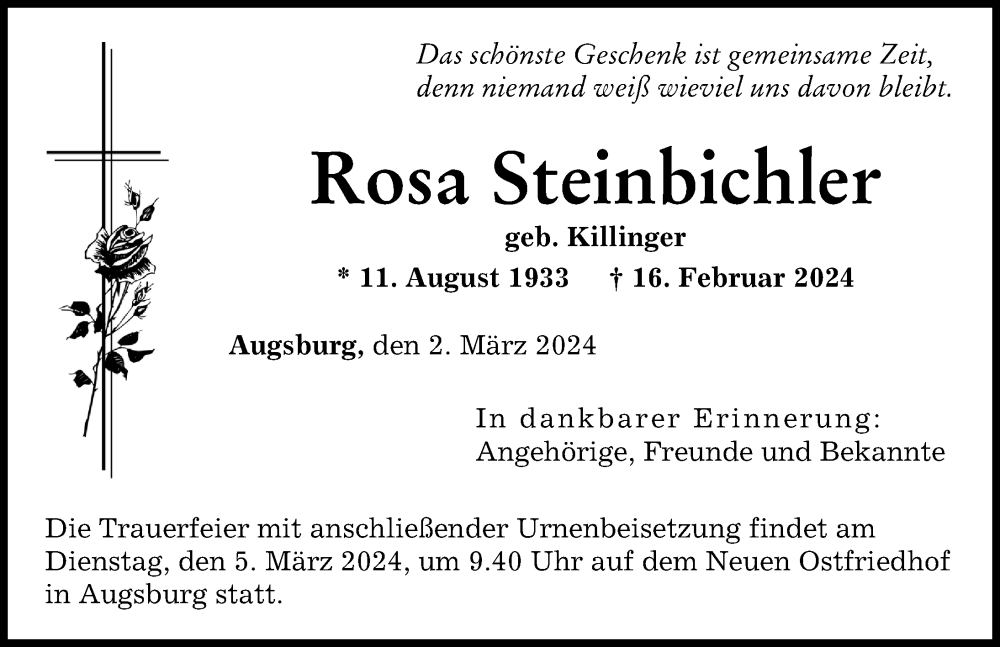 Traueranzeige von Rosa Steinbichler von Augsburger Allgemeine