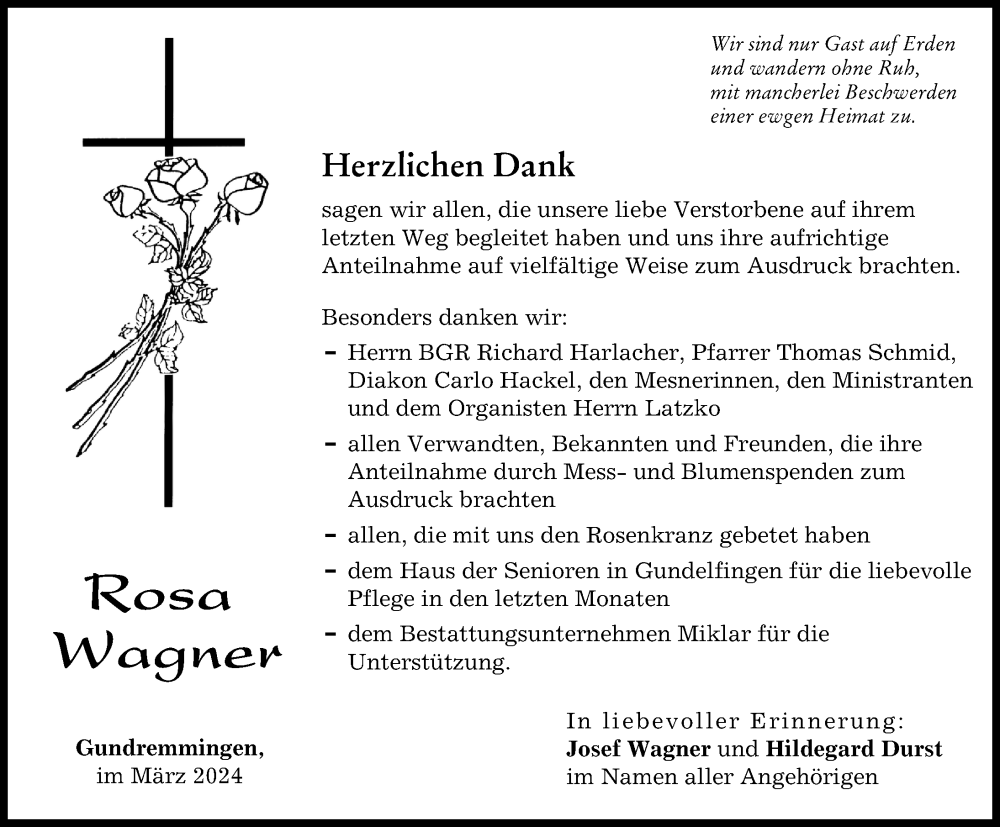 Traueranzeige von Rosa Wagner von Günzburger Zeitung