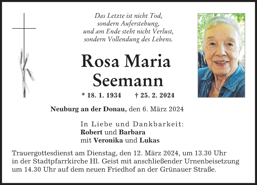 Traueranzeige von Rosa Maria Seemann von Neuburger Rundschau