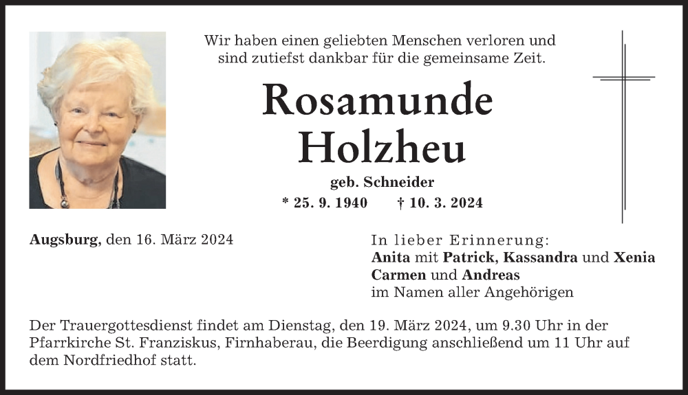 Traueranzeige von Rosamunde Holzheu von Augsburger Allgemeine