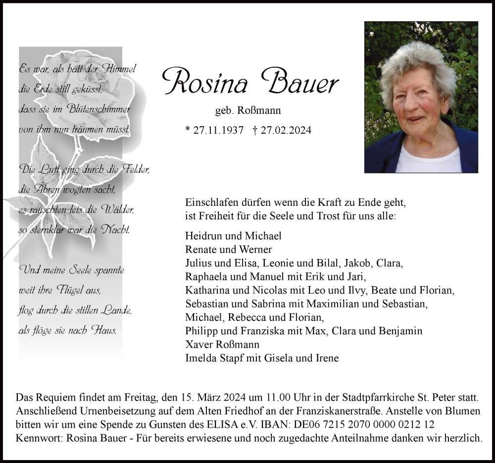 Traueranzeige von Rosina Bauer von Neuburger Rundschau