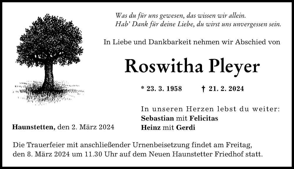 Traueranzeige von Roswitha Pleyer von Augsburger Allgemeine