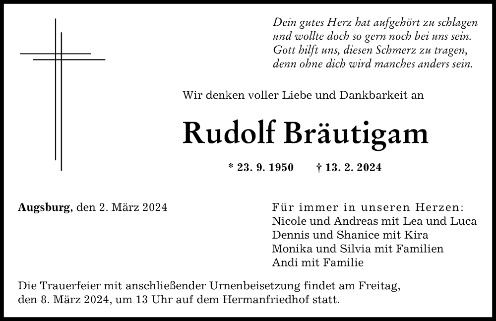 Traueranzeige von Rudolf Bräutigam von Augsburger Allgemeine