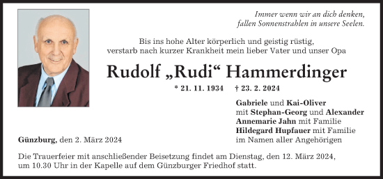 Traueranzeige von Rudolf Hammerdinger von Günzburger Zeitung