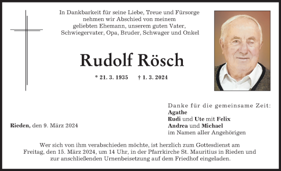 Traueranzeige von Rudolf Rösch von Günzburger Zeitung