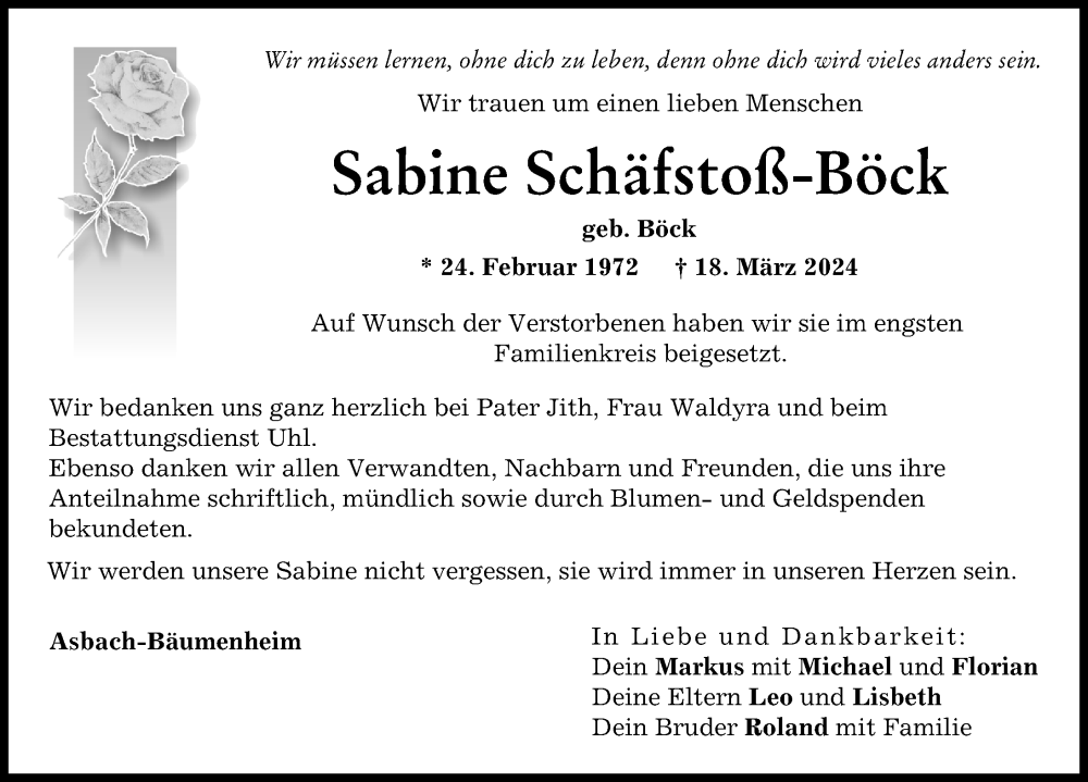  Traueranzeige für Sabine Schäfstoß-Böck vom 27.03.2024 aus Donauwörther Zeitung