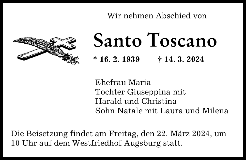 Traueranzeige von Santo Toscano von Augsburger Allgemeine