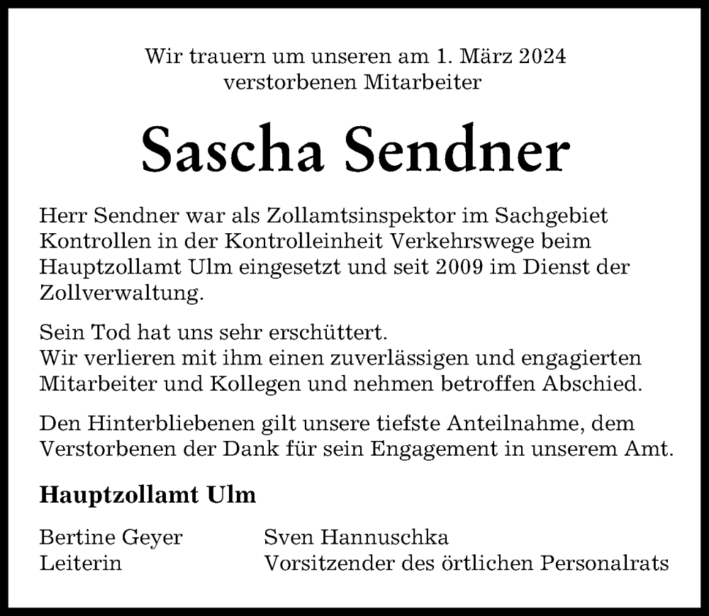  Traueranzeige für Sascha Sendner vom 16.03.2024 aus Günzburger Zeitung