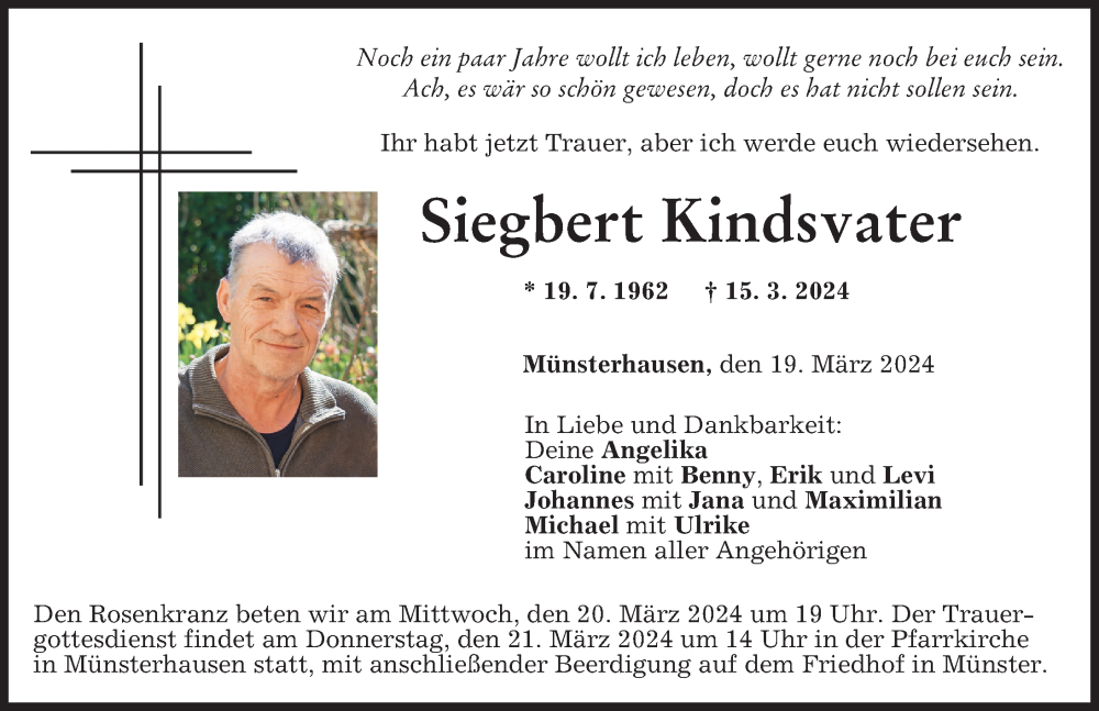 Traueranzeige von Siegbert Kindsvater von Günzburger Zeitung, Mittelschwäbische Nachrichten