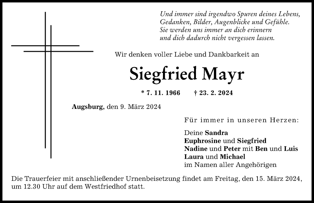 Traueranzeige von Siegfried Mayr von Augsburger Allgemeine