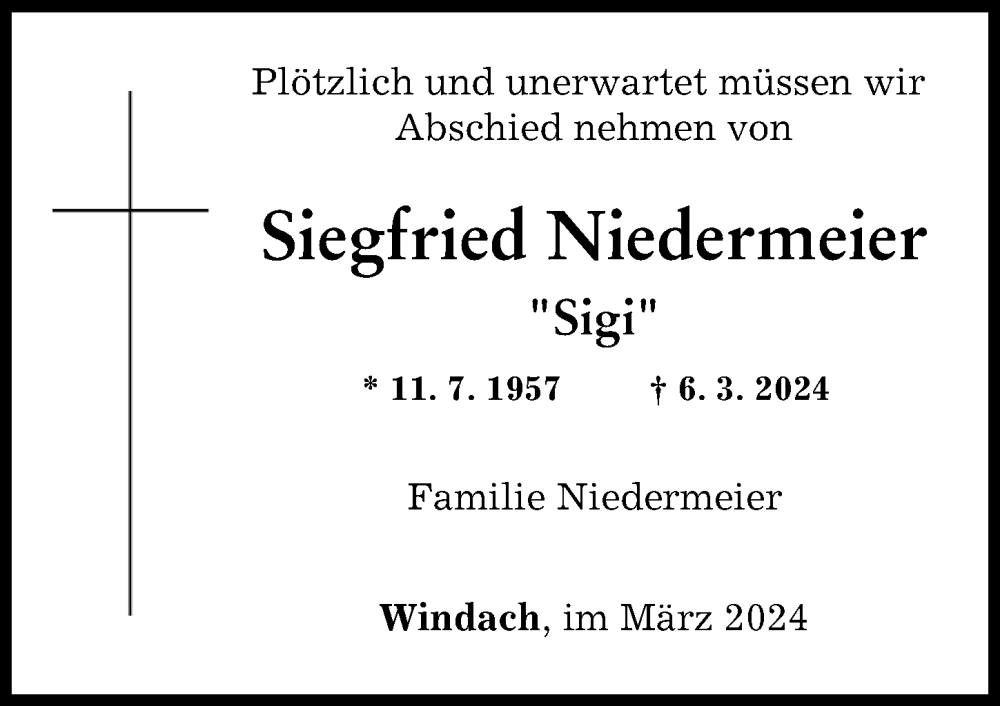Traueranzeige von Siegfried Niedermeier von Landsberger Tagblatt