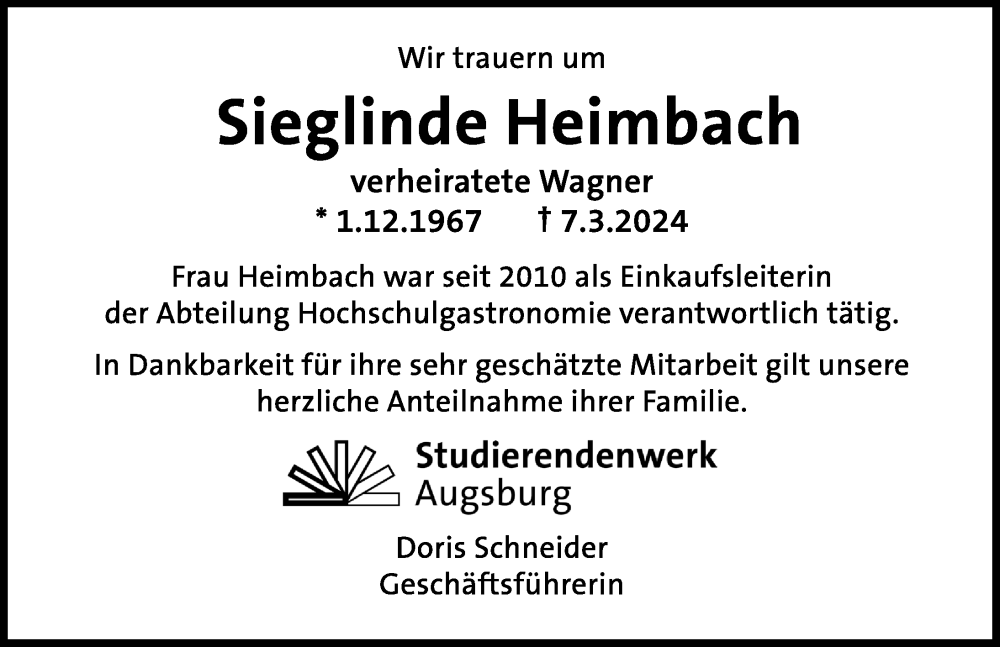 Traueranzeige von Sieglinde Heimbach von Augsburger Allgemeine