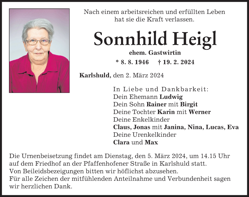 Traueranzeige von Sonnhild Heigl von Neuburger Rundschau