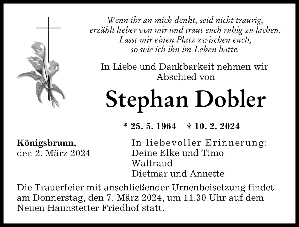 Traueranzeige von Stephan Dobler von Augsburger Allgemeine