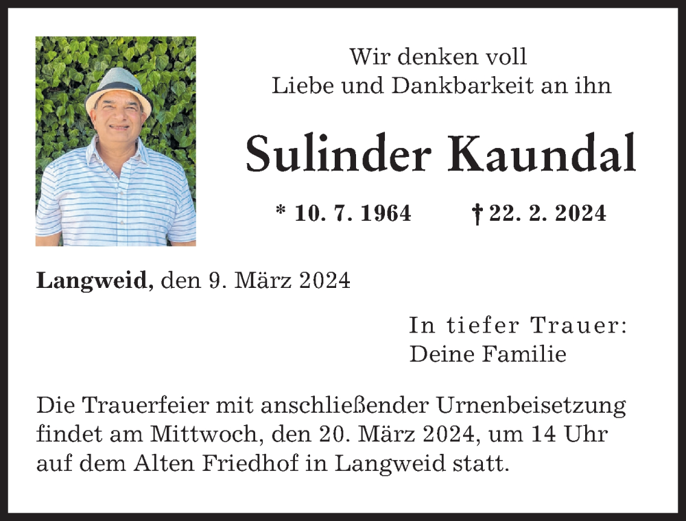  Traueranzeige für Sulinder Kaundal vom 09.03.2024 aus Augsburger Allgemeine