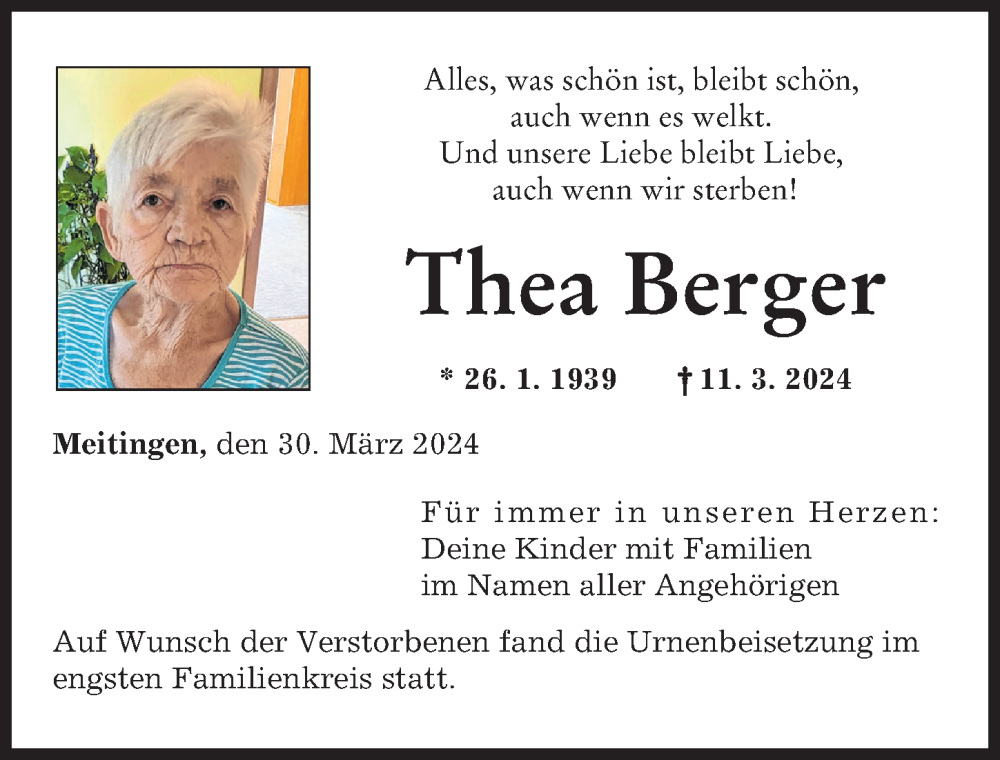 Traueranzeige von Thea Berger von Wertinger Zeitung, Augsburg-Land