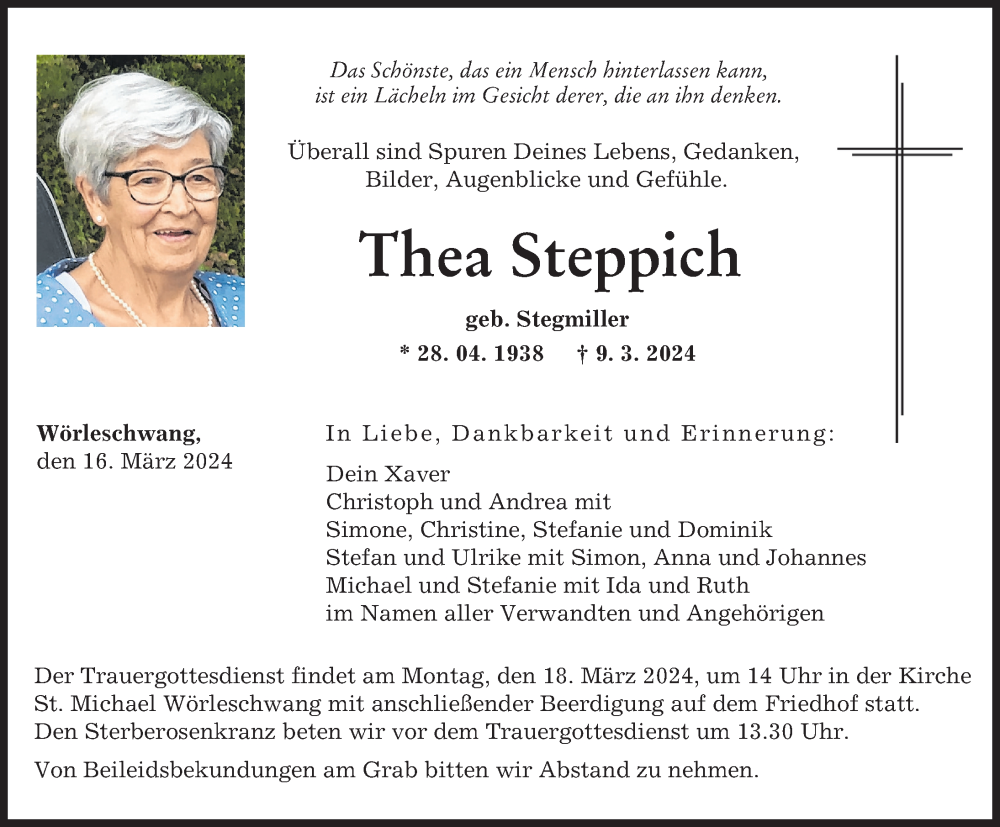 Traueranzeige für Thea Steppich vom 16.03.2024 aus Wertinger Zeitung, Augsburg-Land