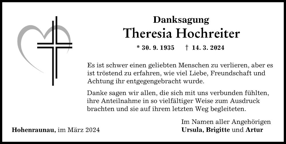 Traueranzeige von Theresia Hochreiter von Mittelschwäbische Nachrichten
