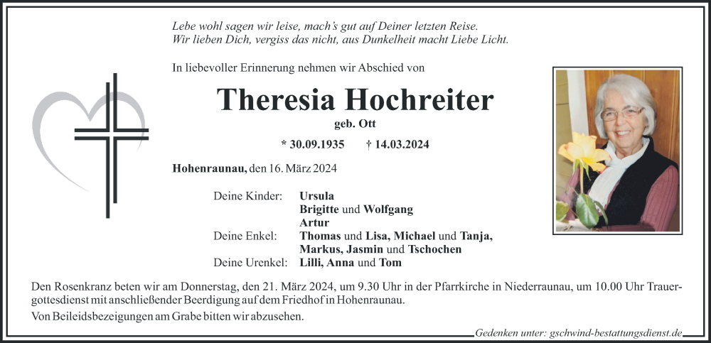 Traueranzeige von Theresia Hochreiter von Mittelschwäbische Nachrichten