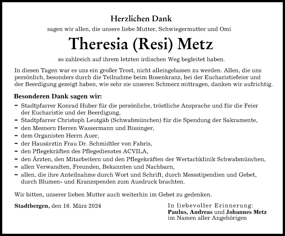 Traueranzeige von Theresia Metz von Augsburger Allgemeine