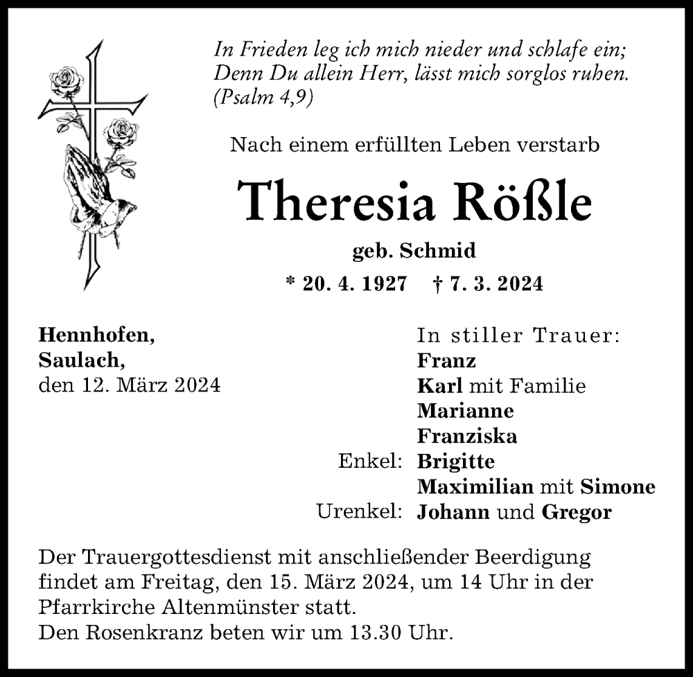 Traueranzeige von Theresia Rößle von Augsburger Allgemeine