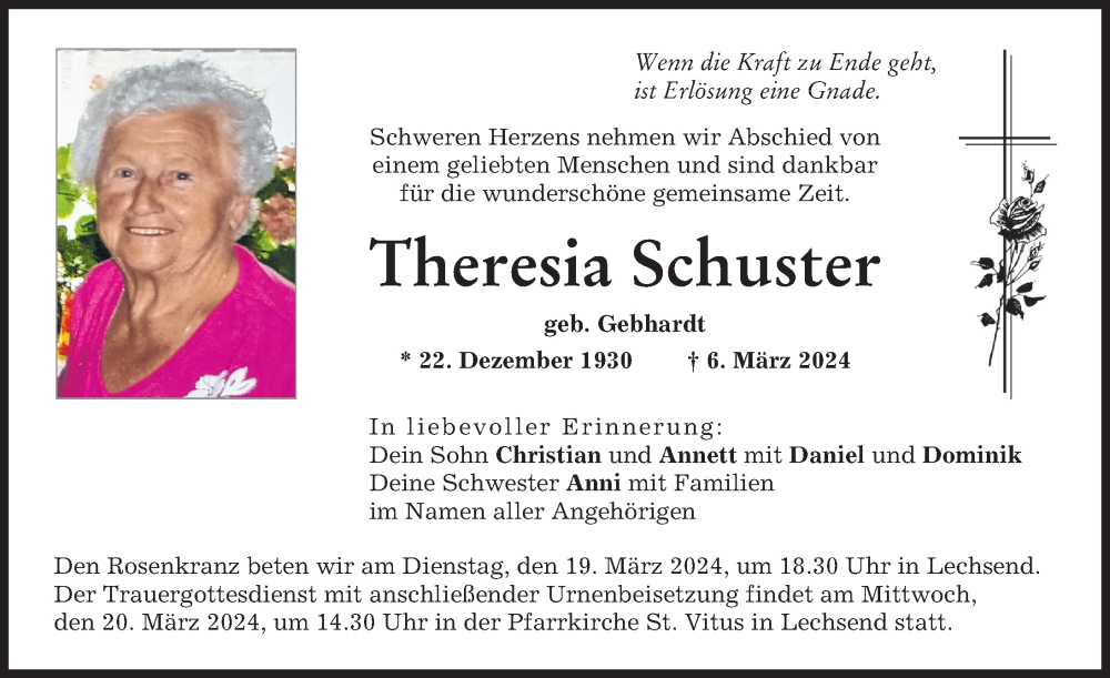 Traueranzeige von Theresia Schuster von Donauwörther Zeitung