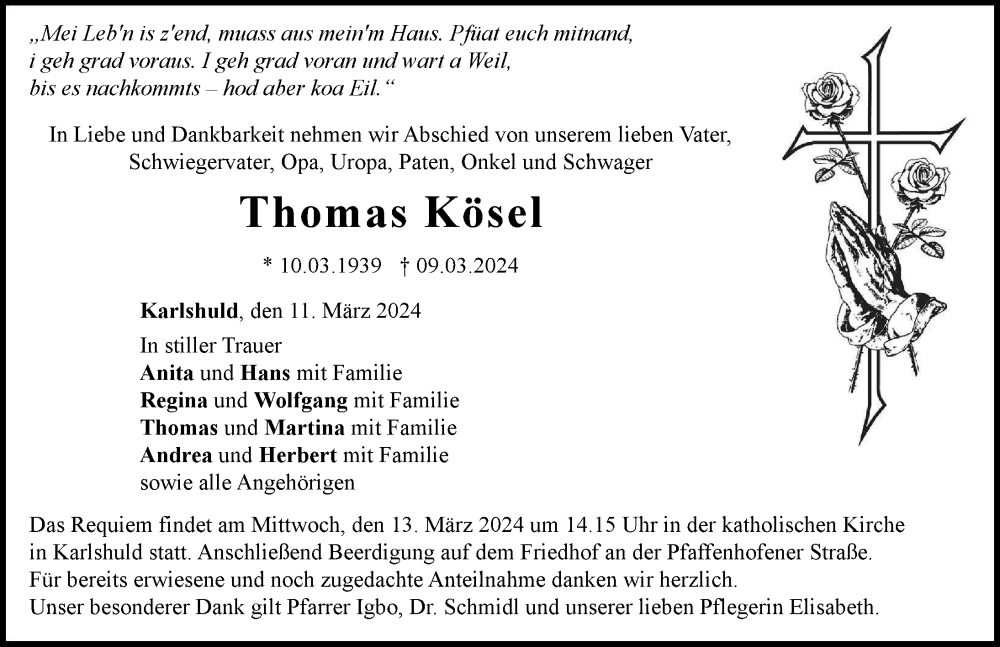 Traueranzeige von Thomas Kösel von Neuburger Rundschau