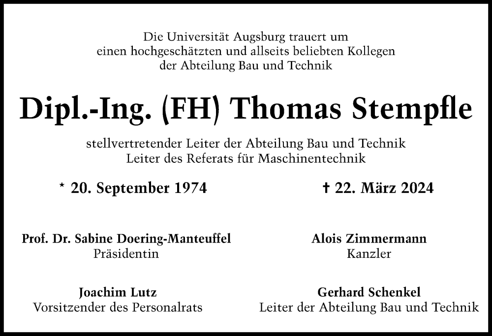  Traueranzeige für Thomas Stempfle vom 30.03.2024 aus Augsburger Allgemeine