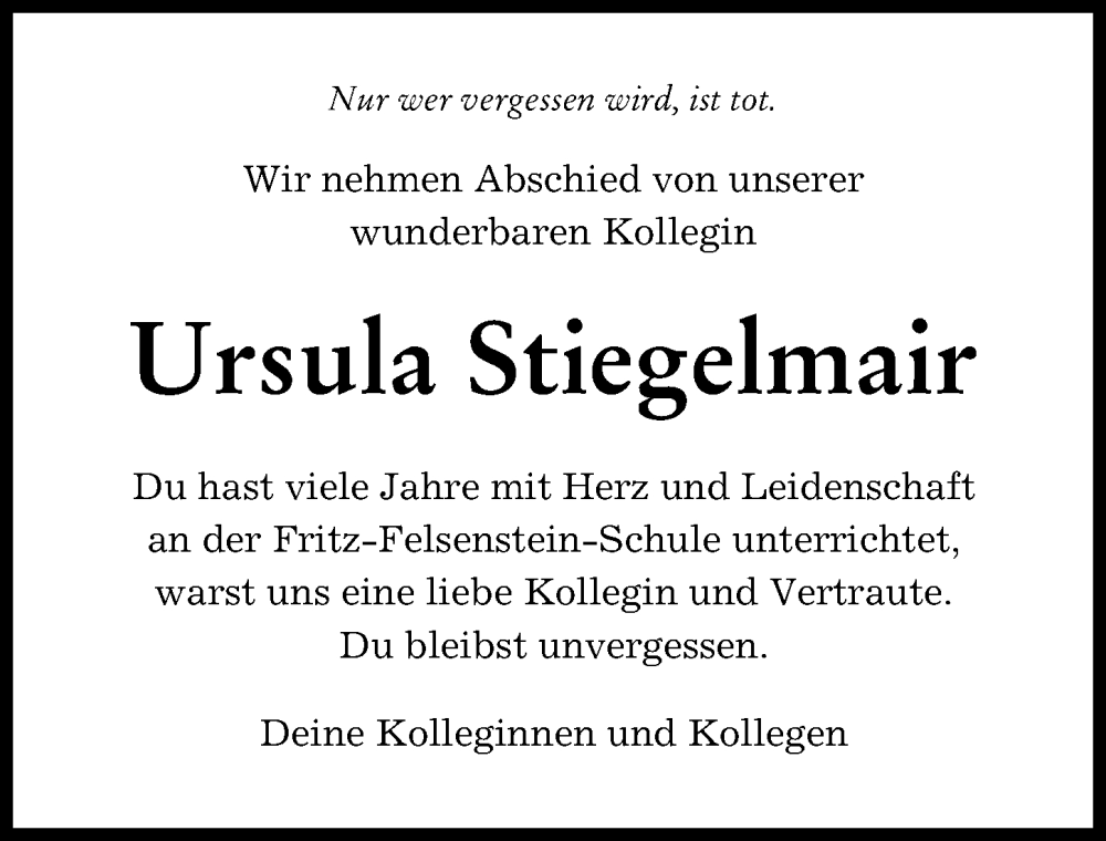  Traueranzeige für Ursula Stiegelmair vom 09.03.2024 aus Augsburg-Land
