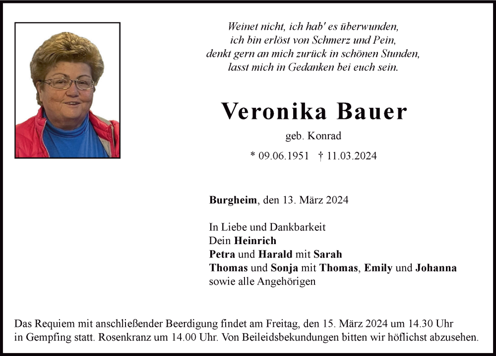 Traueranzeige von Veronika Bauer von Donauwörther Zeitung, Neuburger Rundschau