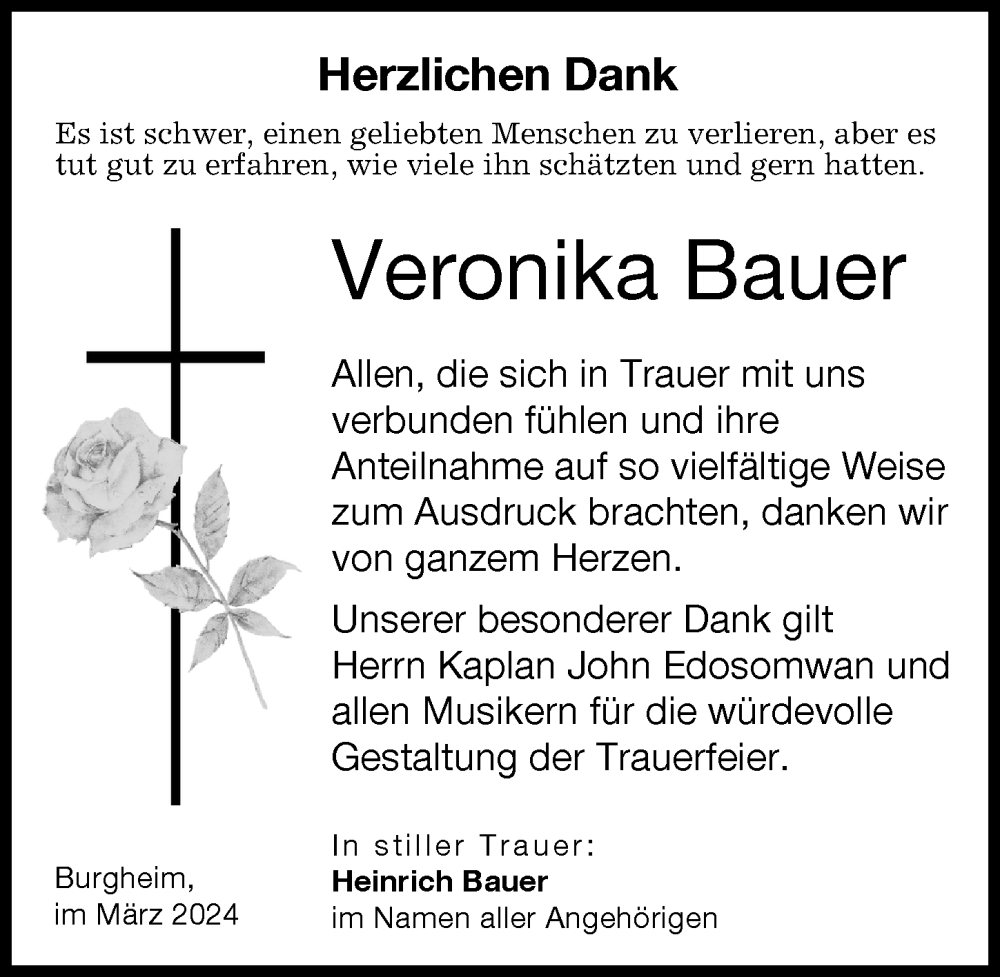 Traueranzeige von Veronika Bauer von Neuburger Rundschau