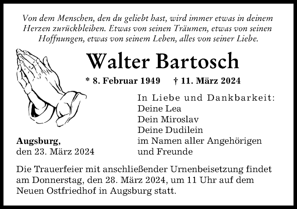 Traueranzeige von Walter Bartosch von Augsburger Allgemeine