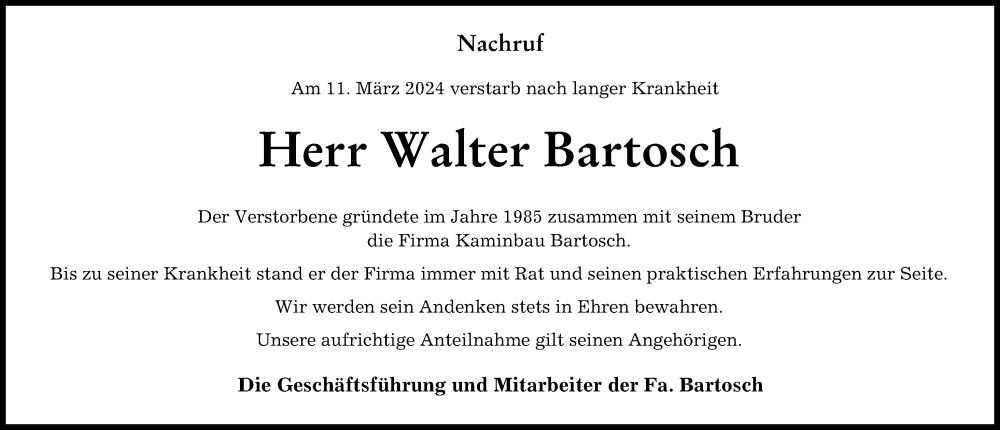Traueranzeige von Walter Bartosch von Augsburg-Land
