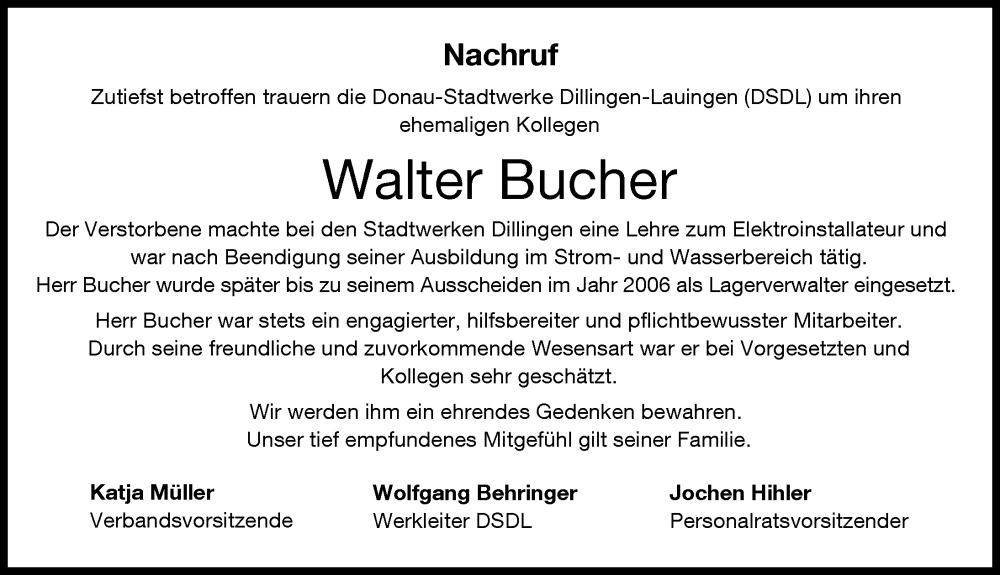 Traueranzeige von Walter Bucher von Donau Zeitung