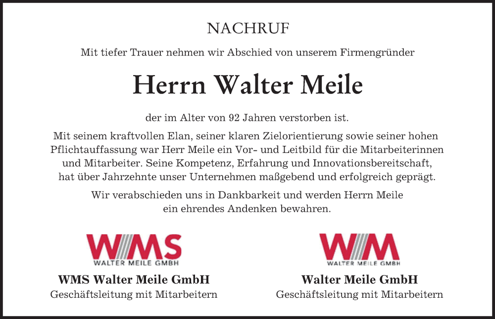 Traueranzeige von Walter Meile von Schwabmünchner Allgemeine