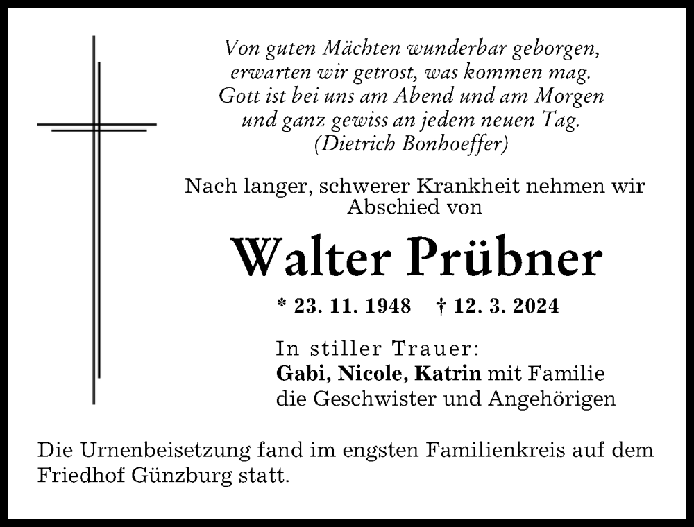 Traueranzeige von Walter Prübner von Günzburger Zeitung