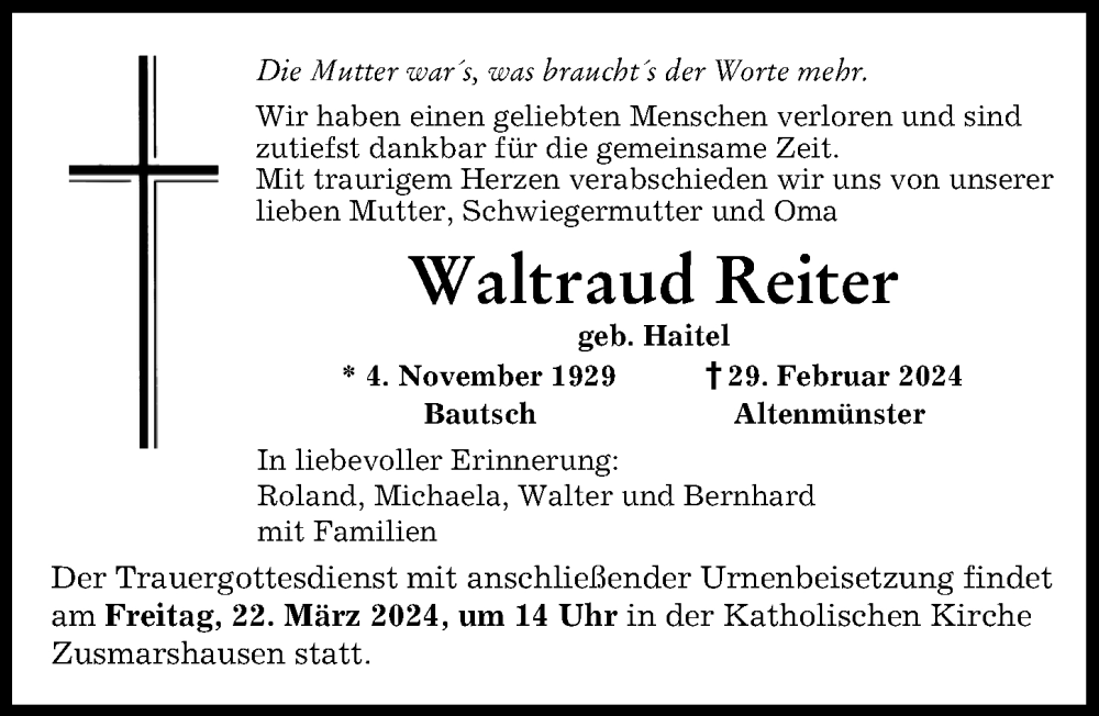 Traueranzeige von Waltraud Reiter von Augsburg-Land