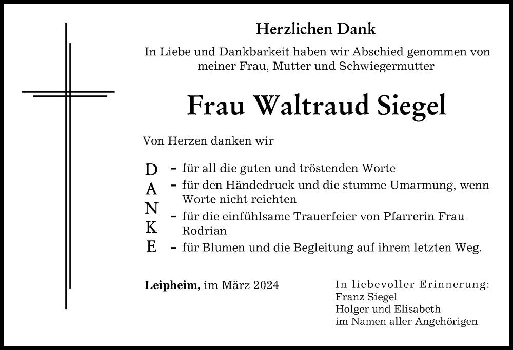 Traueranzeige von Waltraud Siegel von Günzburger Zeitung
