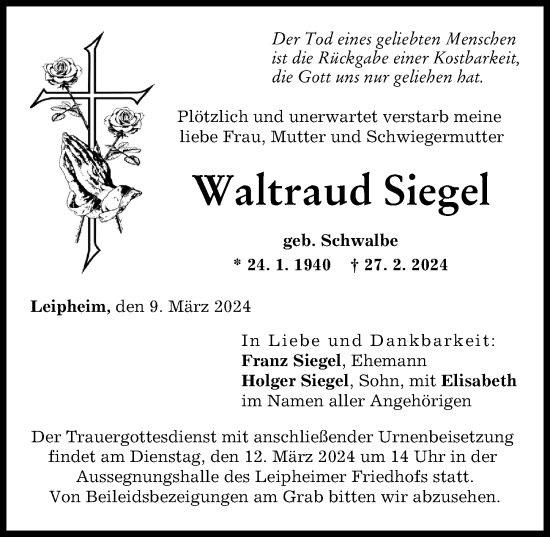 Traueranzeige von Waltraud Siegel von Günzburger Zeitung