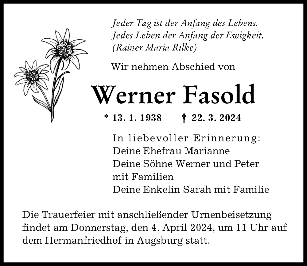 Traueranzeige von Werner Fasold von Augsburger Allgemeine