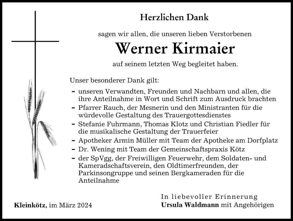 Traueranzeige von Werner Kirmaier von Günzburger Zeitung