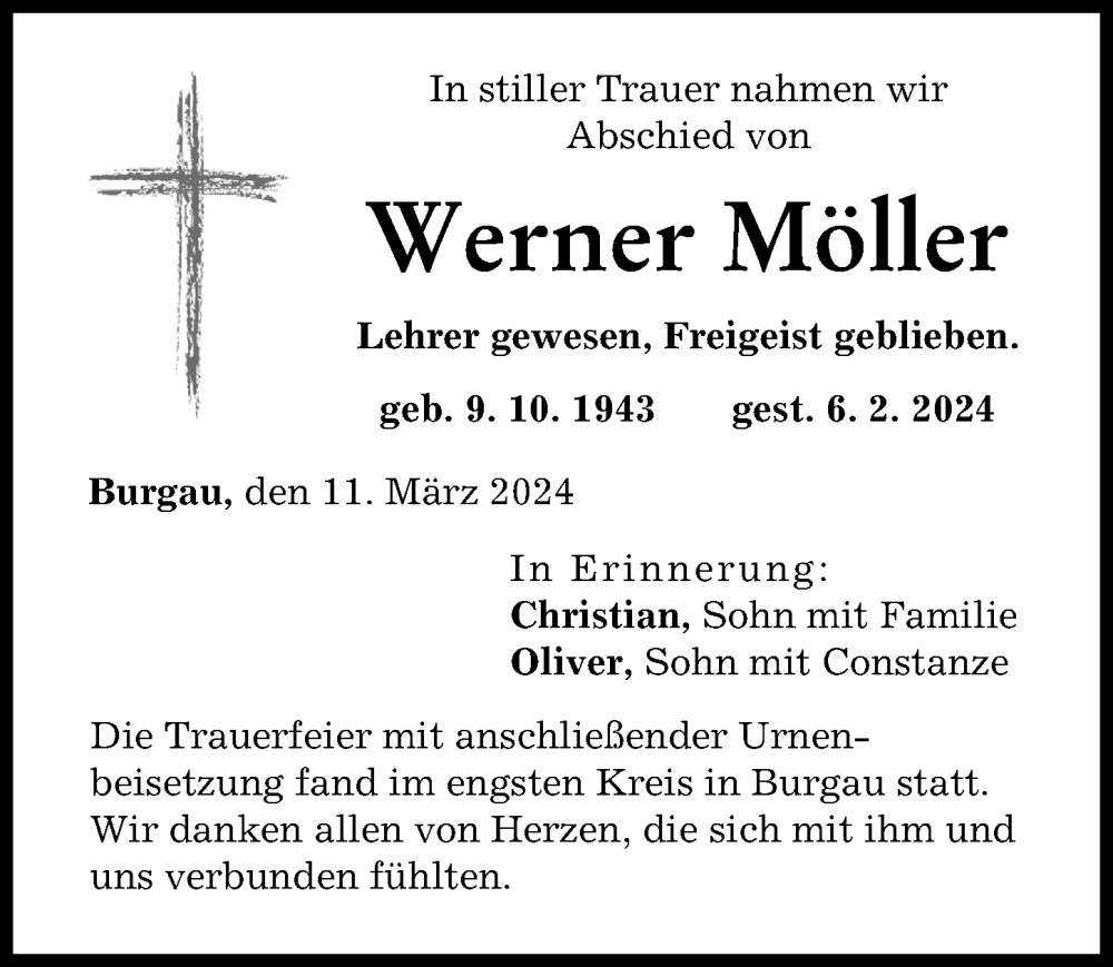 Traueranzeige von Werner Möller von Günzburger Zeitung