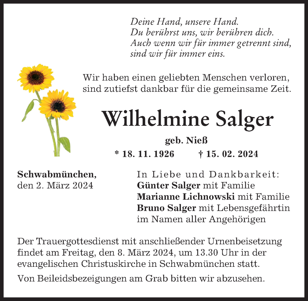 Traueranzeige von Wilhelmine Salger von Schwabmünchner Allgemeine