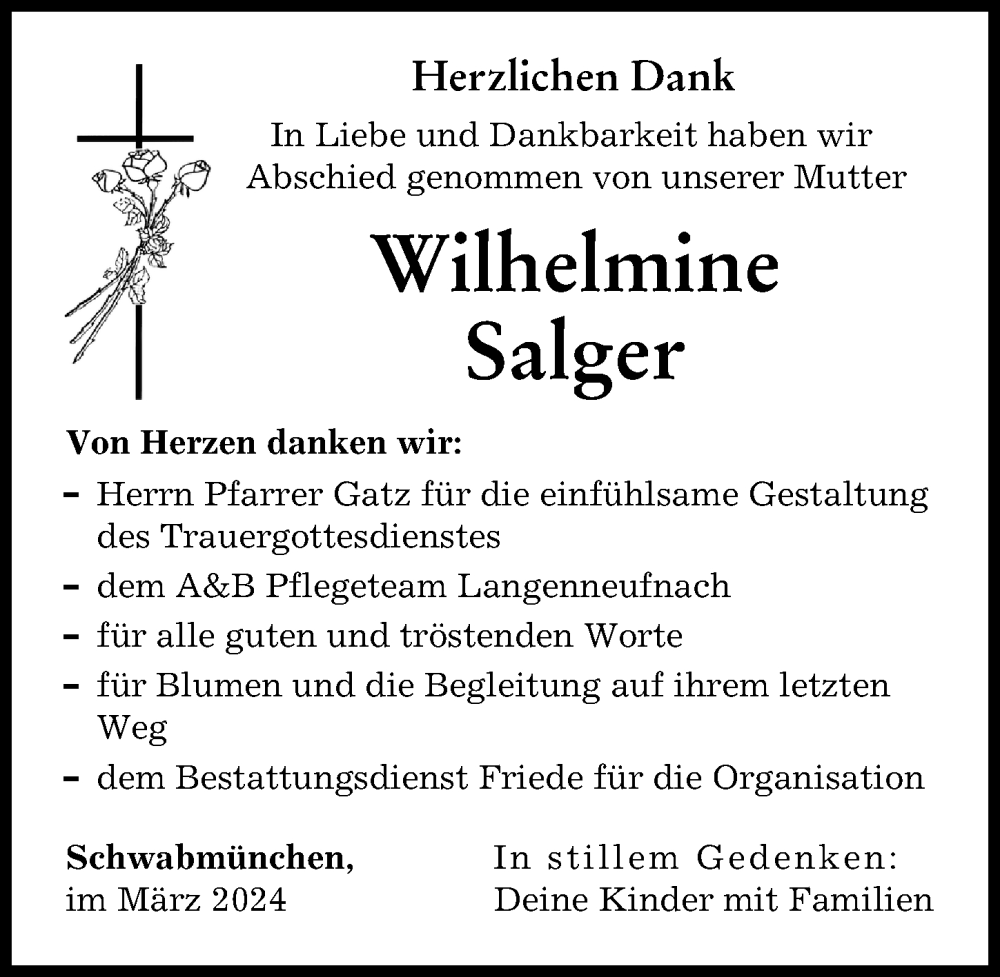 Traueranzeige von Wilhelmine Salger von Schwabmünchner Allgemeine