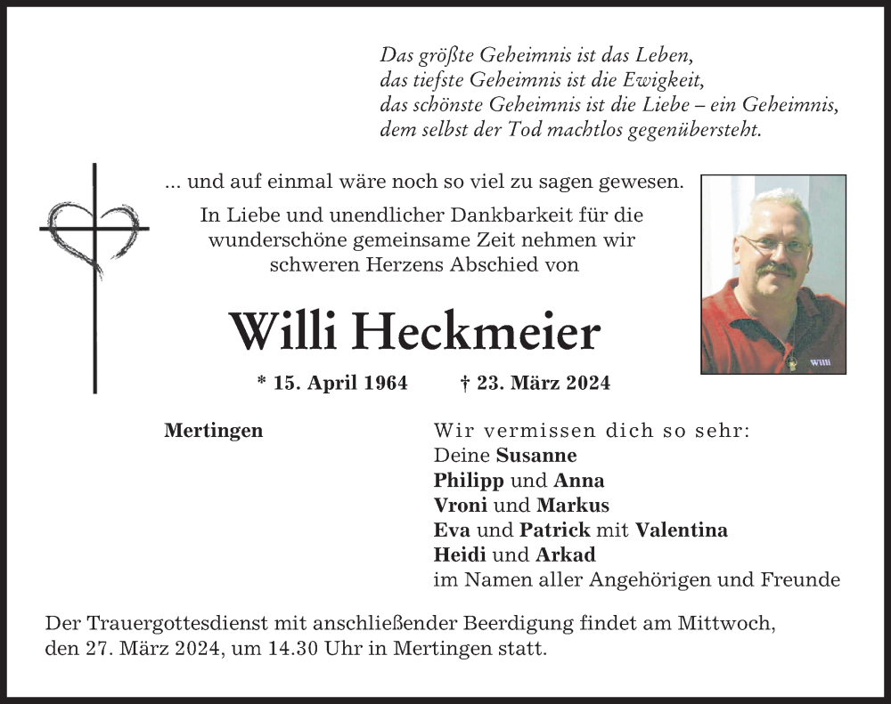  Traueranzeige für Willi Heckmeier vom 25.03.2024 aus Donauwörther Zeitung