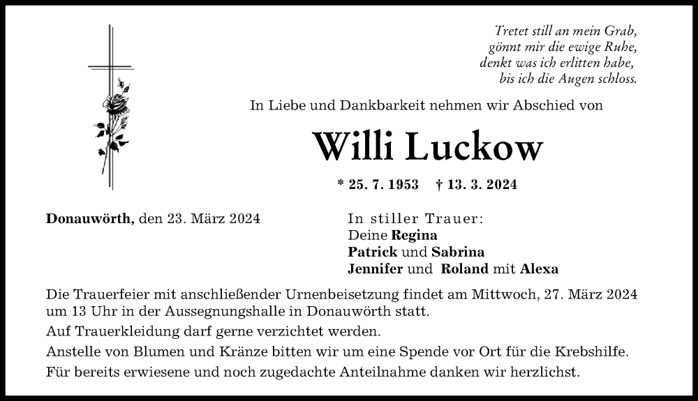 Traueranzeige von Willi Luckow von Donauwörther Zeitung