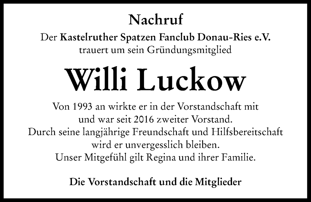 Traueranzeige von Willi Luckow von Donauwörther Zeitung, Rieser Nachrichten